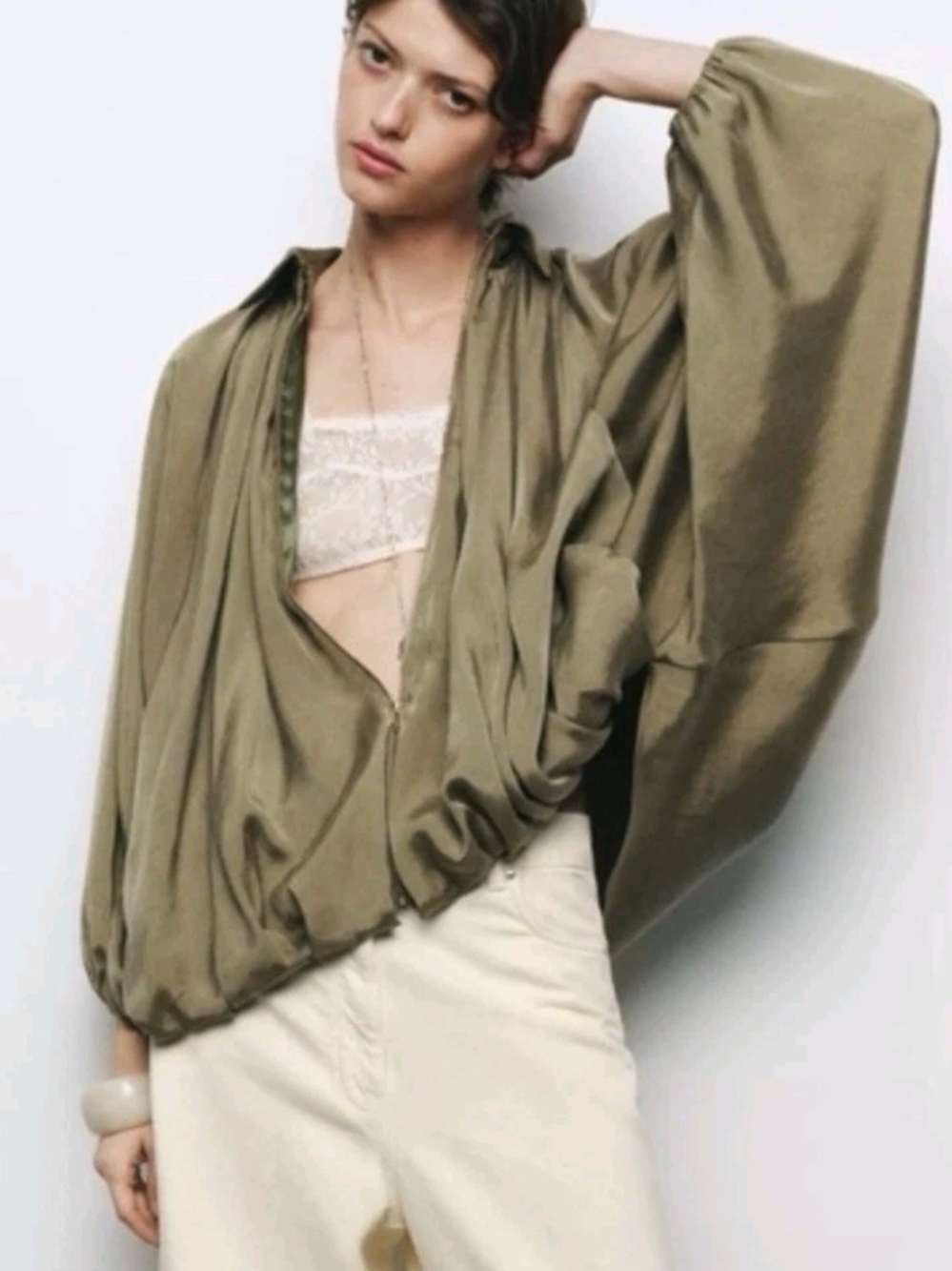 Zara Olive Green Satin Bomber Jacket